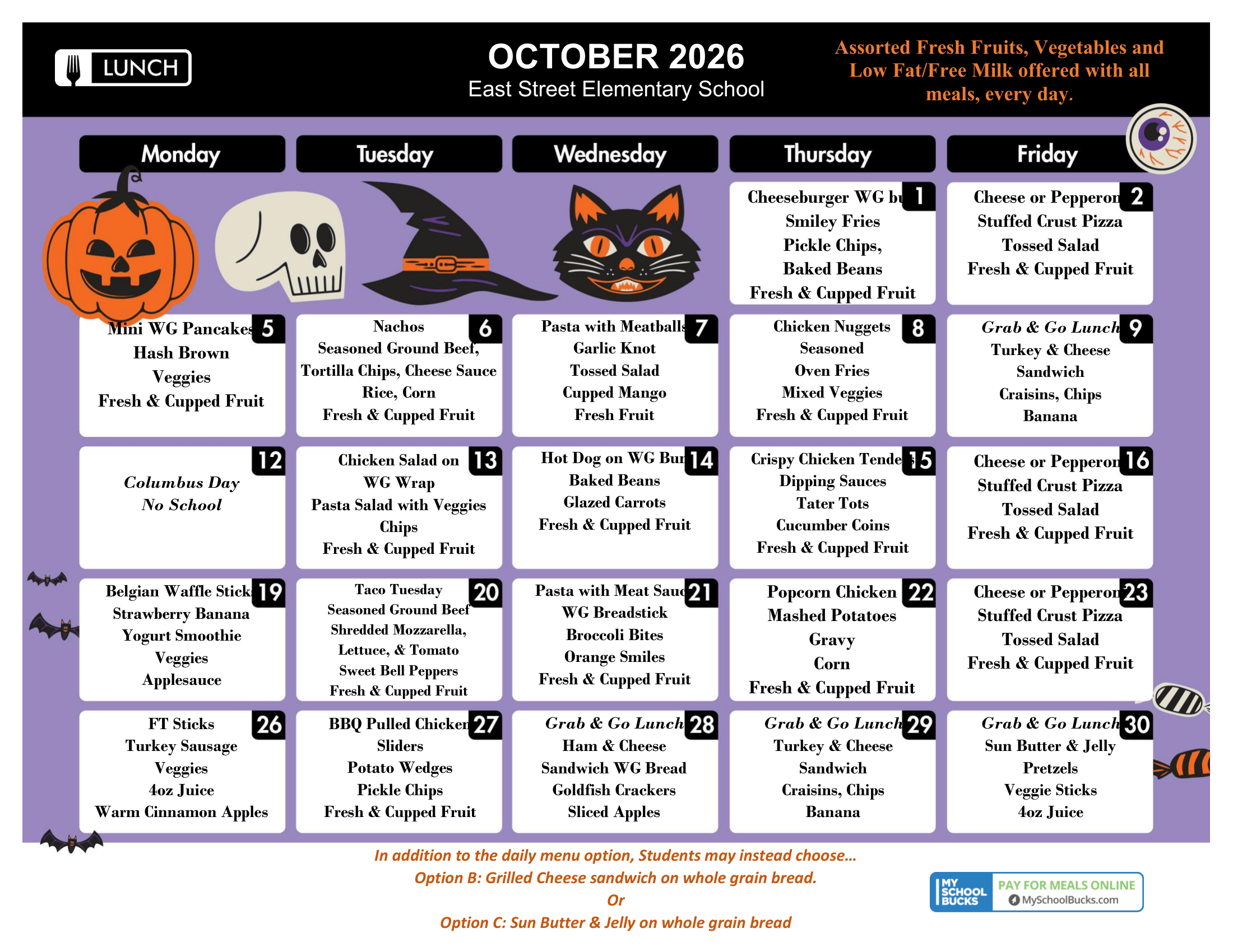 A school lunch menu for October 2026